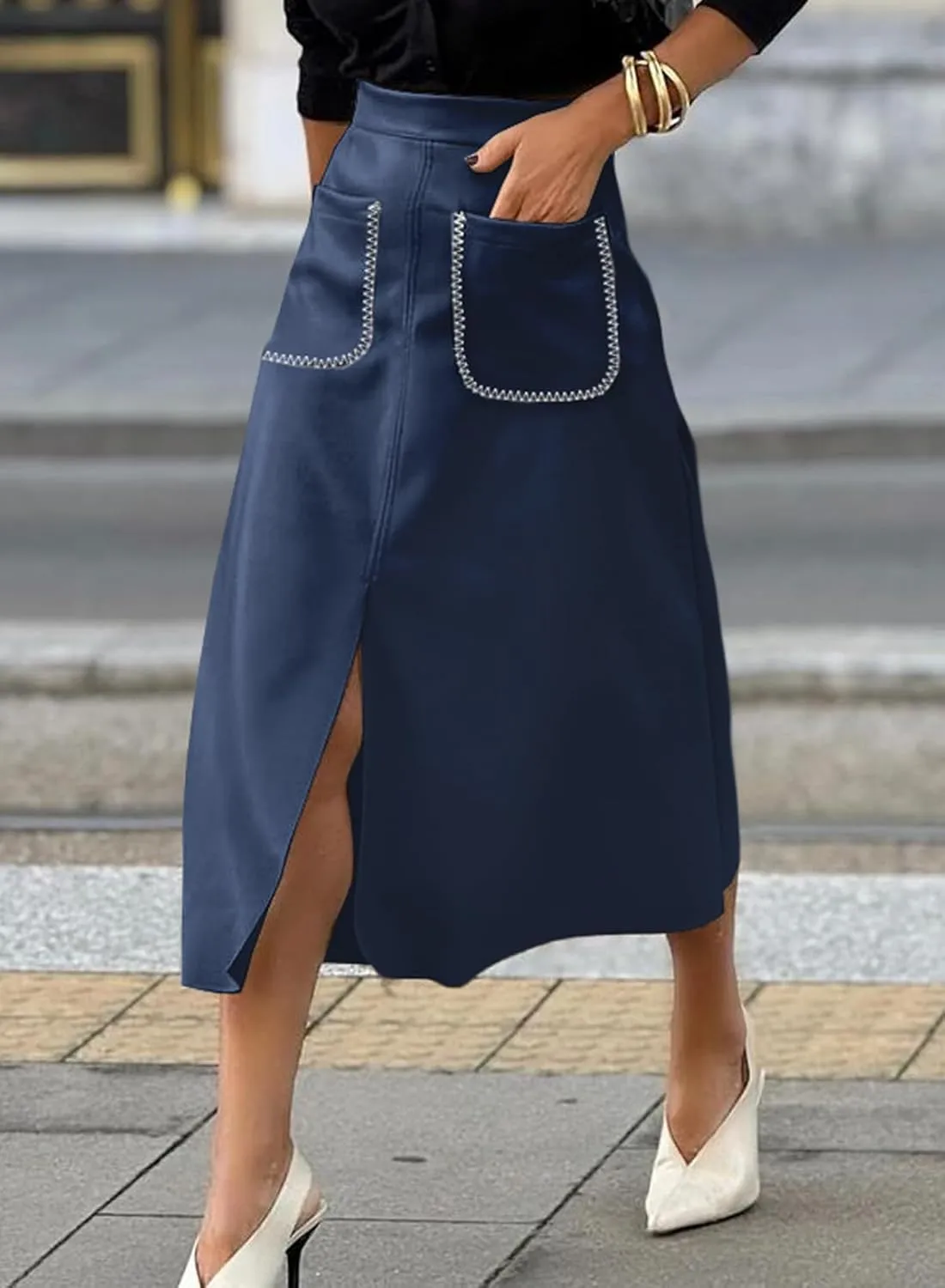 Happy Sailed Women's Faux Suede Skirt Spring Winter Elastic Waist Front Pockets A Line Midi Skirts with Split