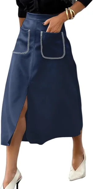 Happy Sailed Women's Faux Suede Skirt Spring Winter Elastic Waist Front Pockets A Line Midi Skirts with Split