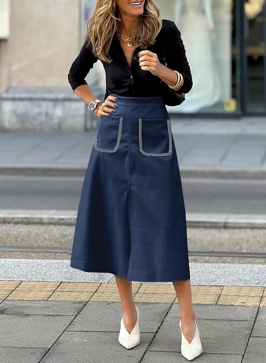 Happy Sailed Women's Faux Suede Skirt Spring Winter Elastic Waist Front Pockets A Line Midi Skirts with Split