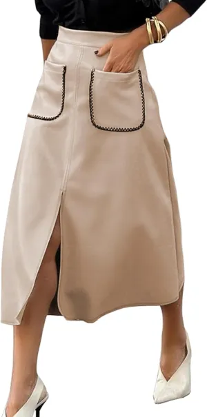 Happy Sailed Women's Faux Suede Skirt Spring Winter Elastic Waist Front Pockets A Line Midi Skirts with Split