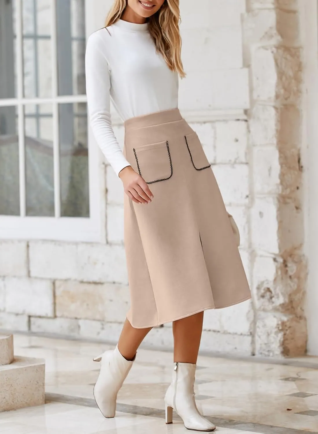 Happy Sailed Women's Faux Suede Skirt Spring Winter Elastic Waist Front Pockets A Line Midi Skirts with Split