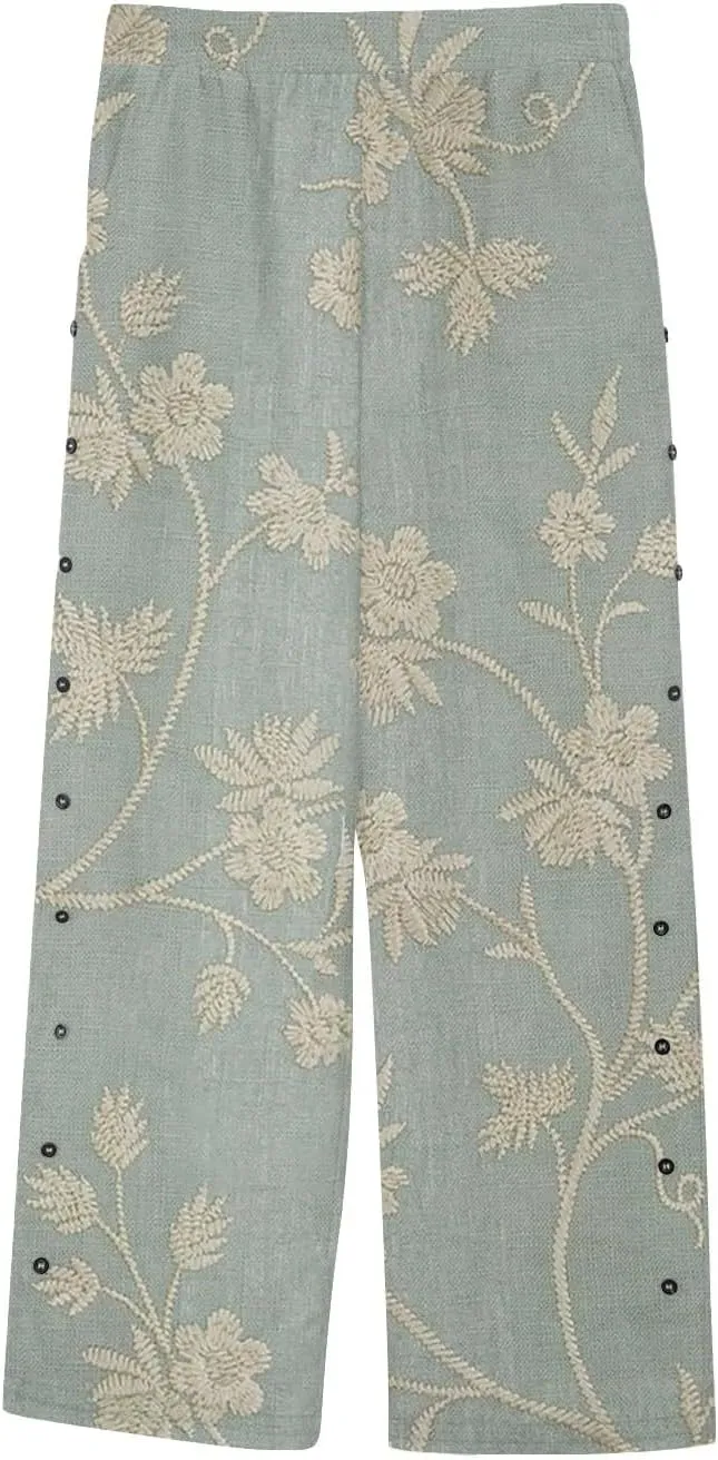 Hawaii Capri Linen Pants for Women Casual Tropical Floral Print Elastic High Waist Drawstring Summer Beach Trousers