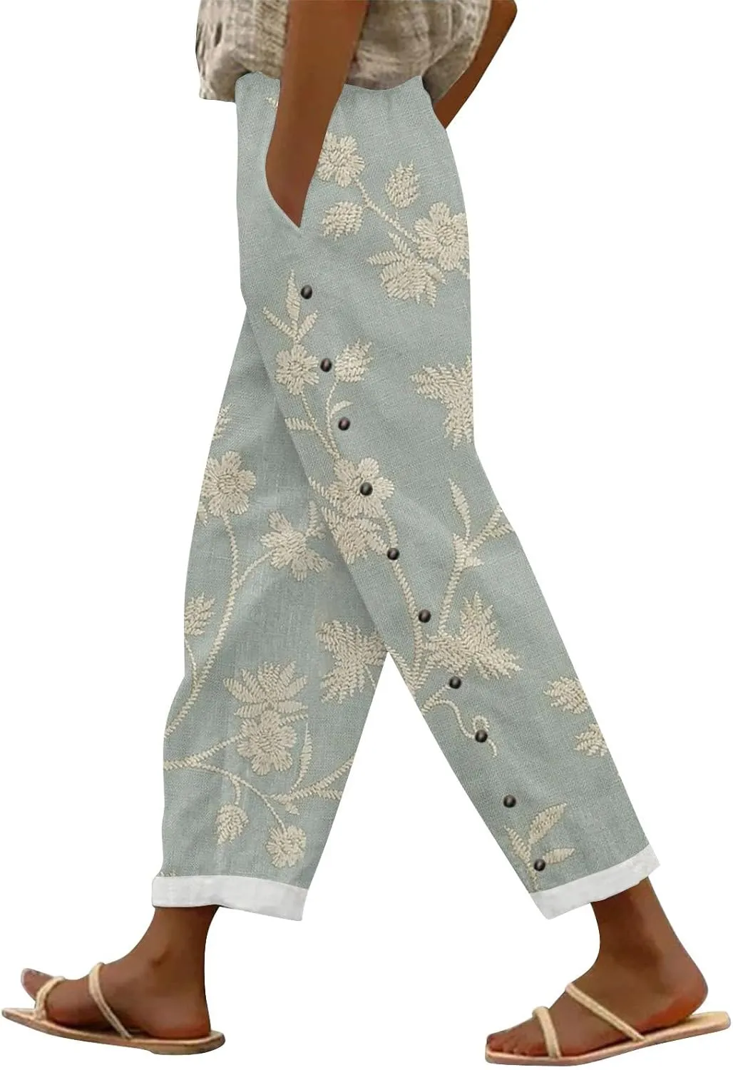 Hawaii Capri Linen Pants for Women Casual Tropical Floral Print Elastic High Waist Drawstring Summer Beach Trousers