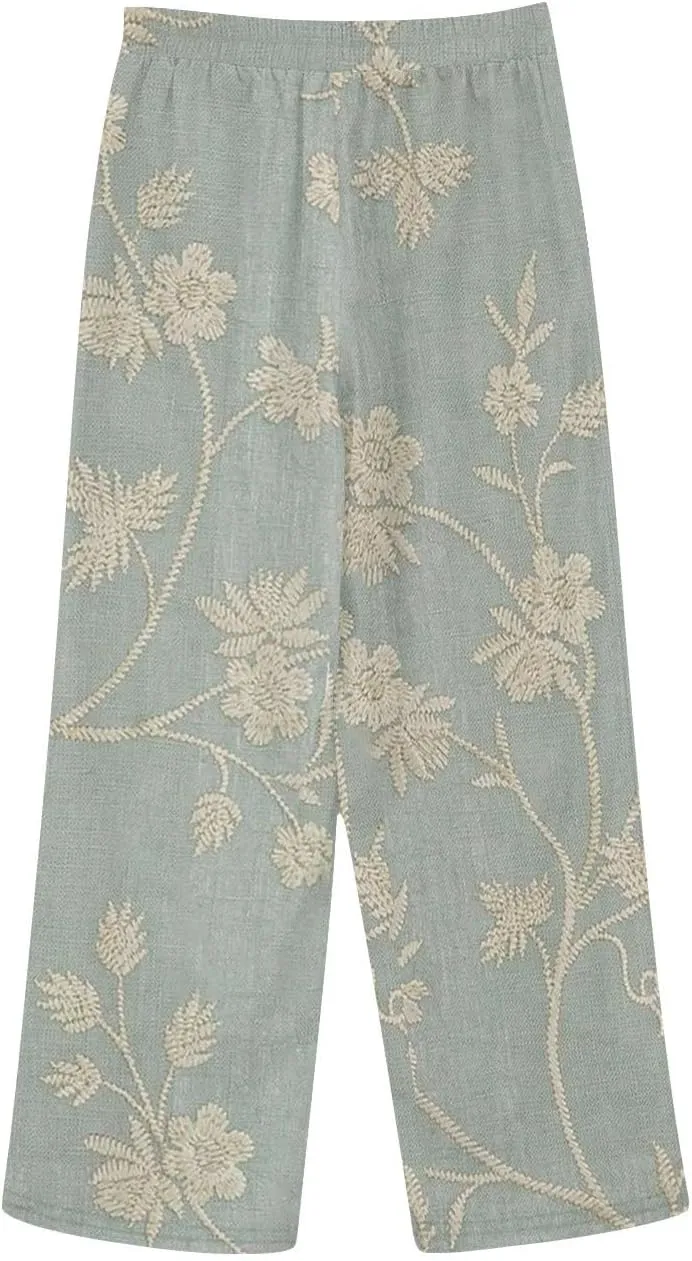 Hawaii Capri Linen Pants for Women Casual Tropical Floral Print Elastic High Waist Drawstring Summer Beach Trousers