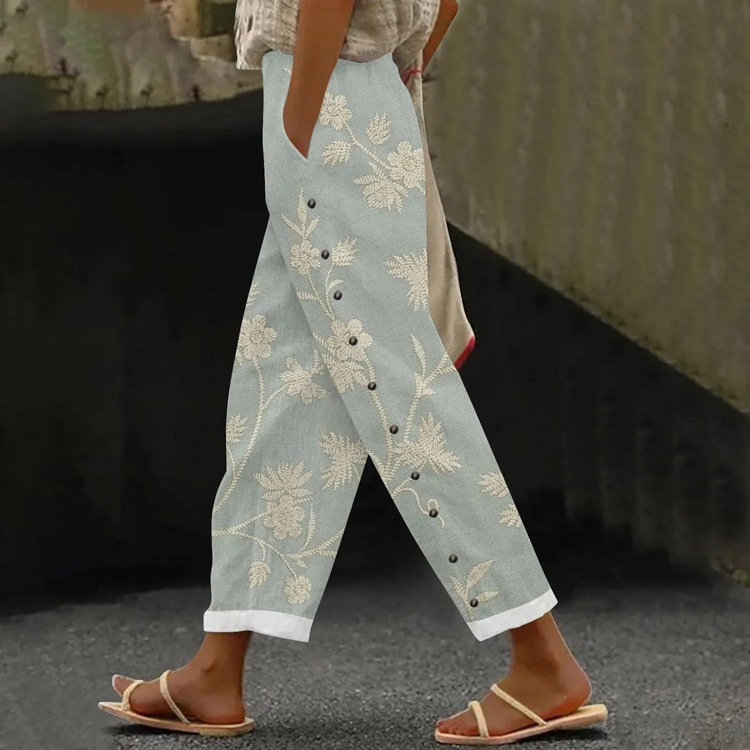 Hawaii Capri Linen Pants for Women Casual Tropical Floral Print Elastic High Waist Drawstring Summer Beach Trousers