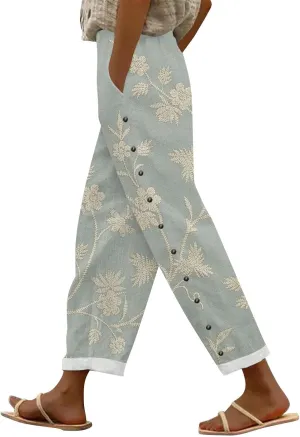 Hawaii Capri Linen Pants for Women Casual Tropical Floral Print Elastic High Waist Drawstring Summer Beach Trousers