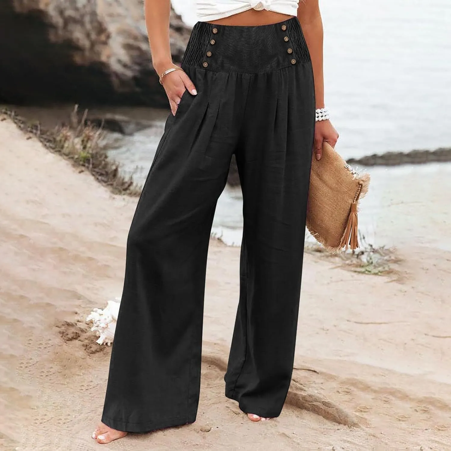 High Waisted Palazzo Wide Leg Flowy Dressy Pants for Women Business Casual Trousers with Pockets
