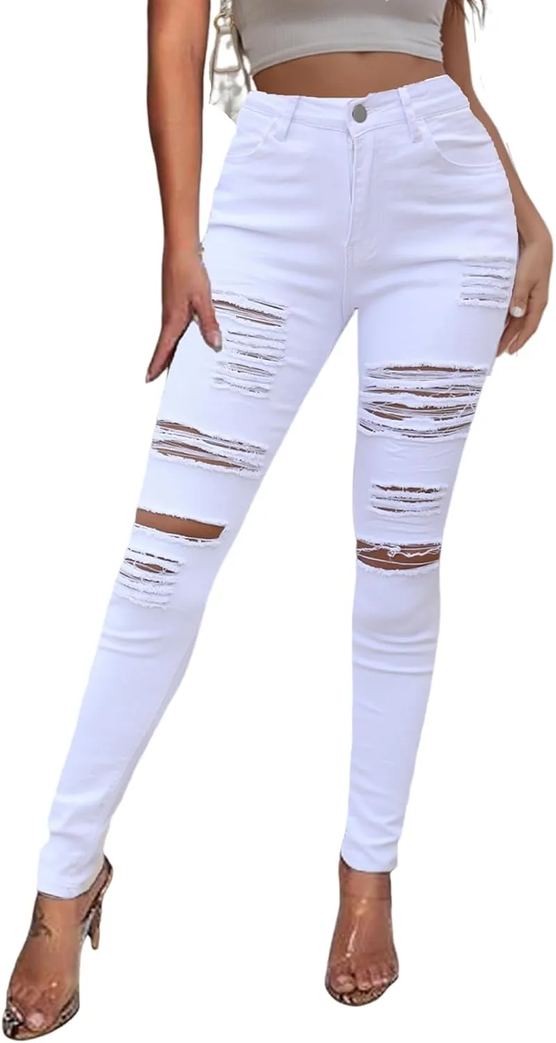 High Waisted White Ripped Jeans for Women Stretch Butt Lifting Distressed Jean Skinny Jeggings for Mom