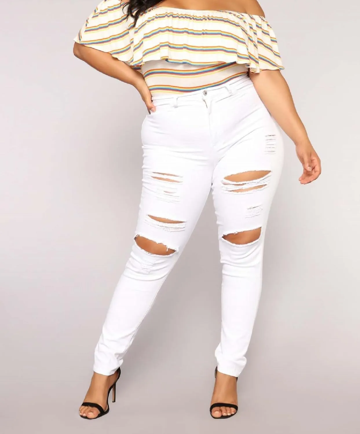 High Waisted White Ripped Jeans for Women Stretch Butt Lifting Distressed Jean Skinny Jeggings for Mom