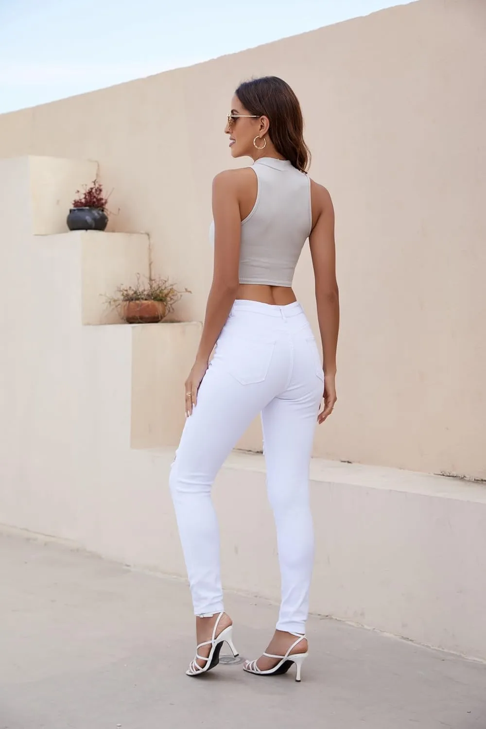 High Waisted White Ripped Jeans for Women Stretch Butt Lifting Distressed Jean Skinny Jeggings for Mom