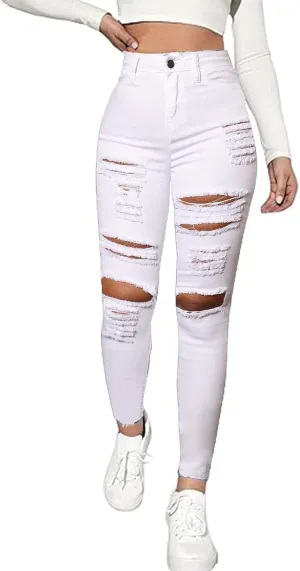 High Waisted White Ripped Jeans for Women Stretch Butt Lifting Distressed Jean Skinny Jeggings for Mom