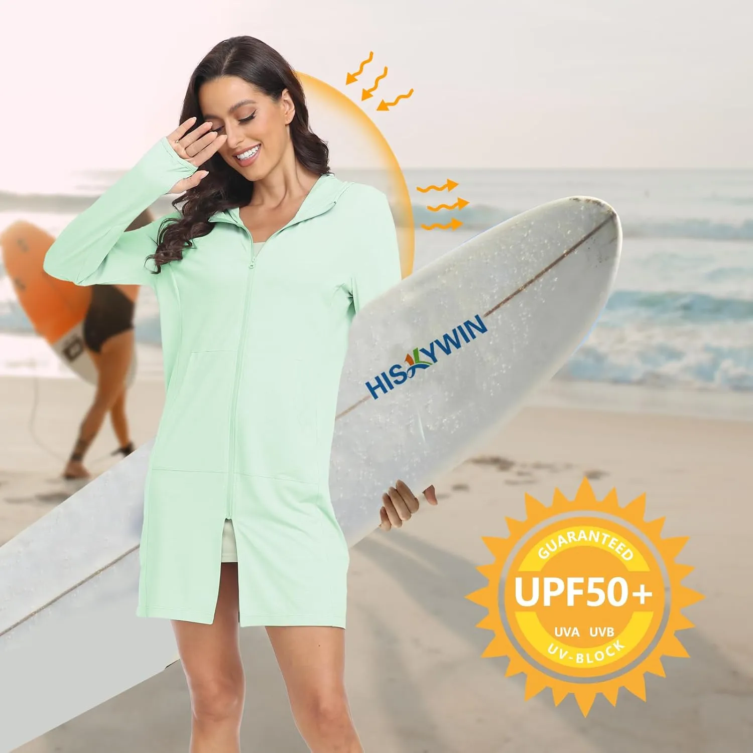 HISKYWIN Women's UPF 50  UV Sun Protection Hoodie Long Jacket Workout Long Sleeve Zip Shirt Lightweight Outdoor Hooded