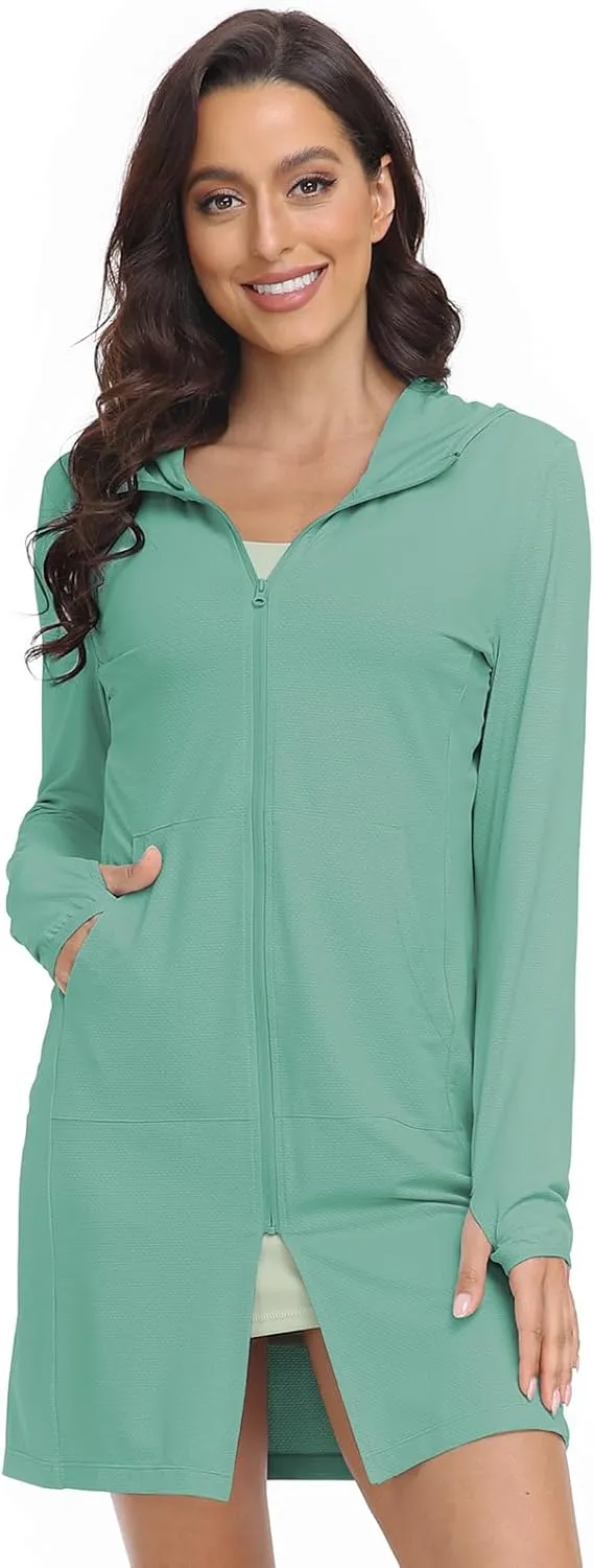 HISKYWIN Women's UPF 50  UV Sun Protection Hoodie Long Jacket Workout Long Sleeve Zip Shirt Lightweight Outdoor Hooded
