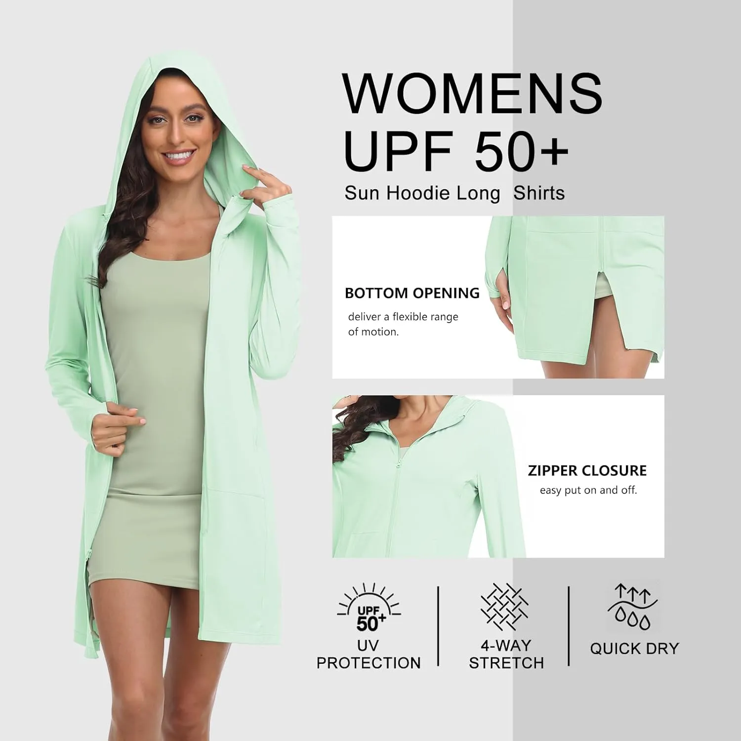HISKYWIN Women's UPF 50  UV Sun Protection Hoodie Long Jacket Workout Long Sleeve Zip Shirt Lightweight Outdoor Hooded