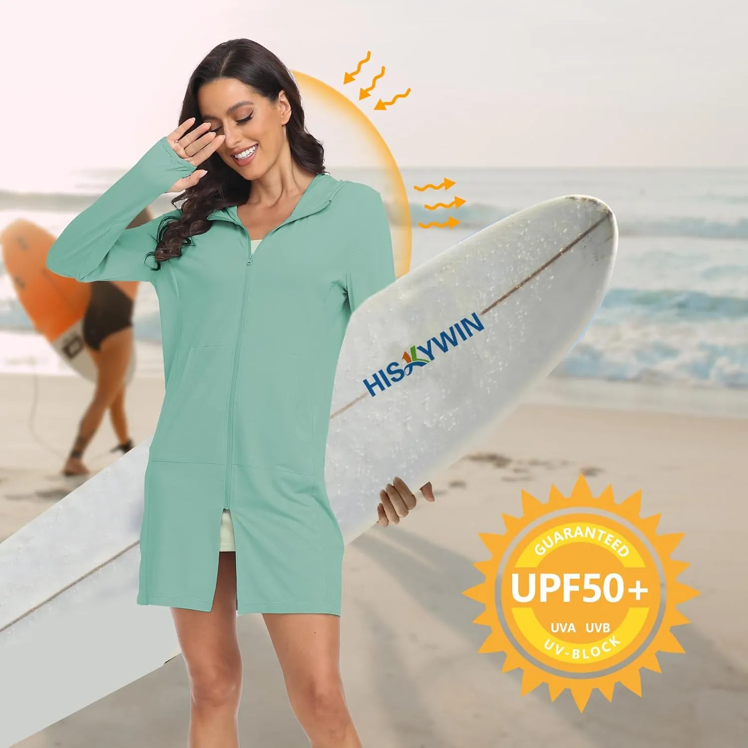 HISKYWIN Women's UPF 50  UV Sun Protection Hoodie Long Jacket Workout Long Sleeve Zip Shirt Lightweight Outdoor Hooded