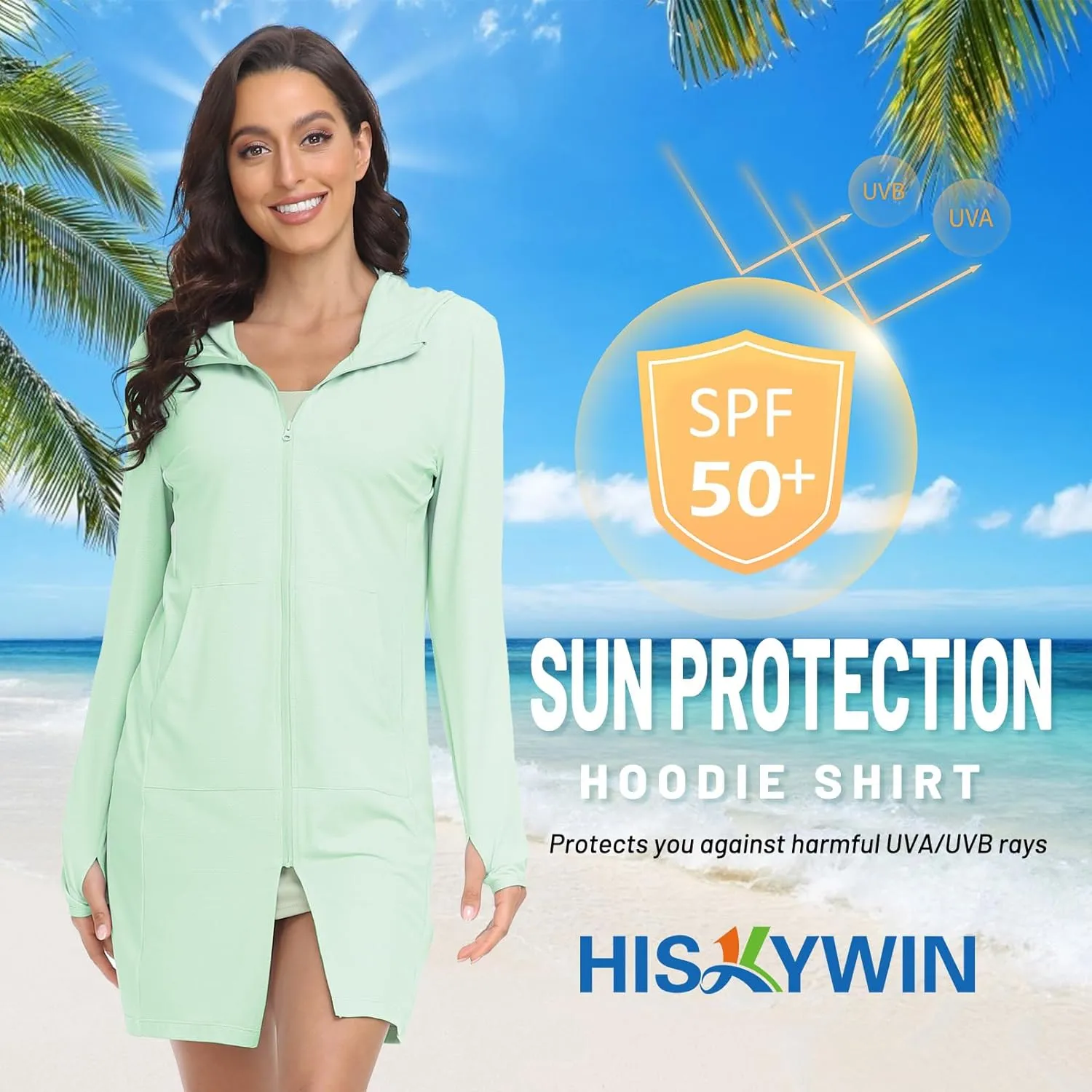 HISKYWIN Women's UPF 50  UV Sun Protection Hoodie Long Jacket Workout Long Sleeve Zip Shirt Lightweight Outdoor Hooded