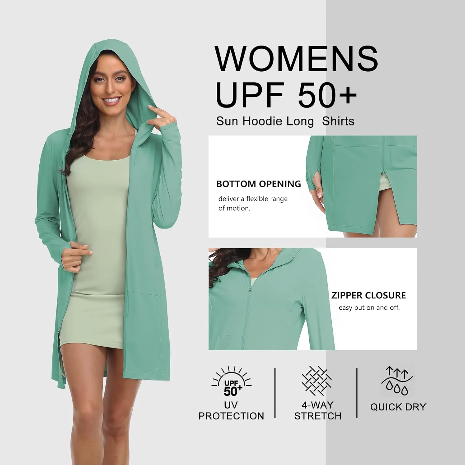 HISKYWIN Women's UPF 50  UV Sun Protection Hoodie Long Jacket Workout Long Sleeve Zip Shirt Lightweight Outdoor Hooded