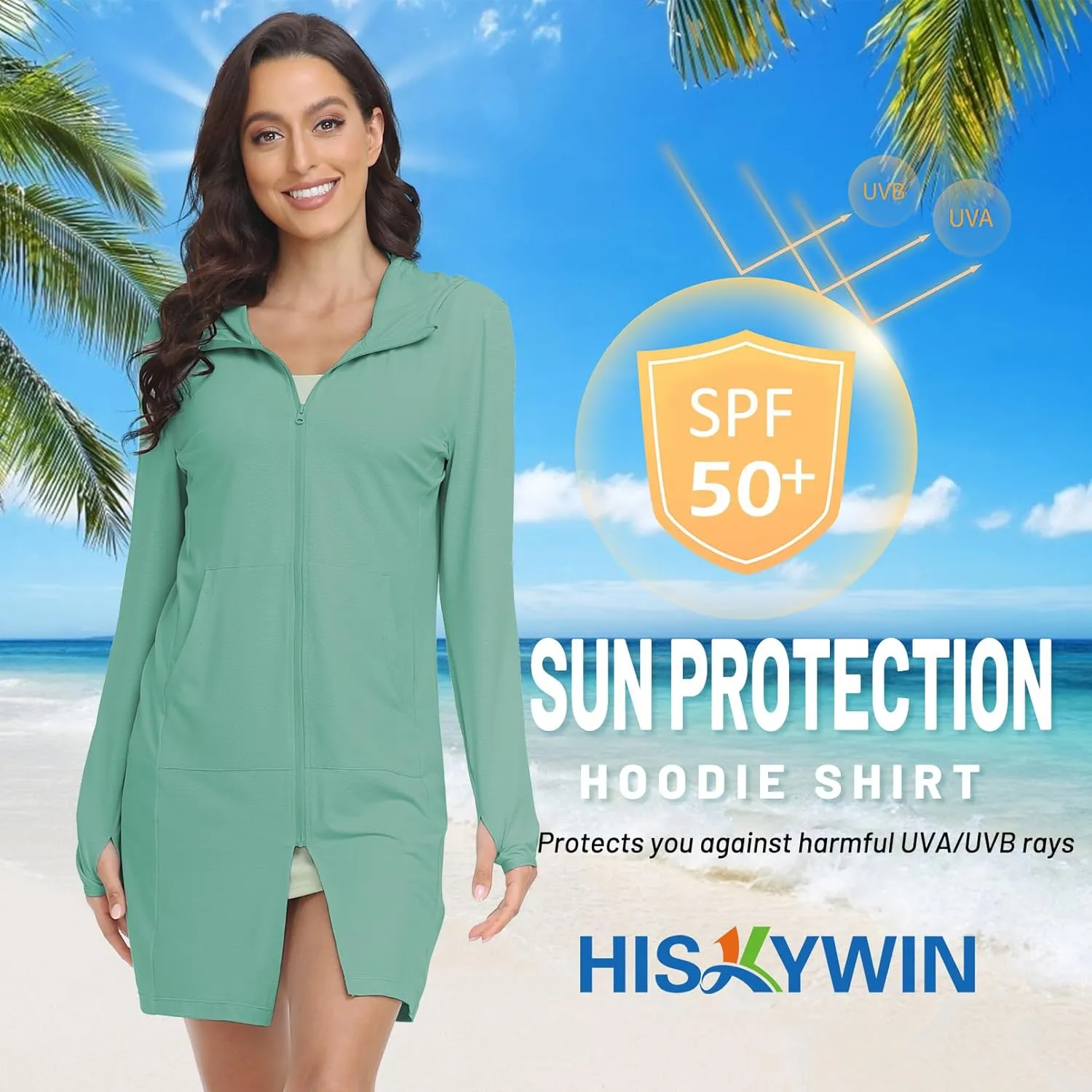 HISKYWIN Women's UPF 50  UV Sun Protection Hoodie Long Jacket Workout Long Sleeve Zip Shirt Lightweight Outdoor Hooded
