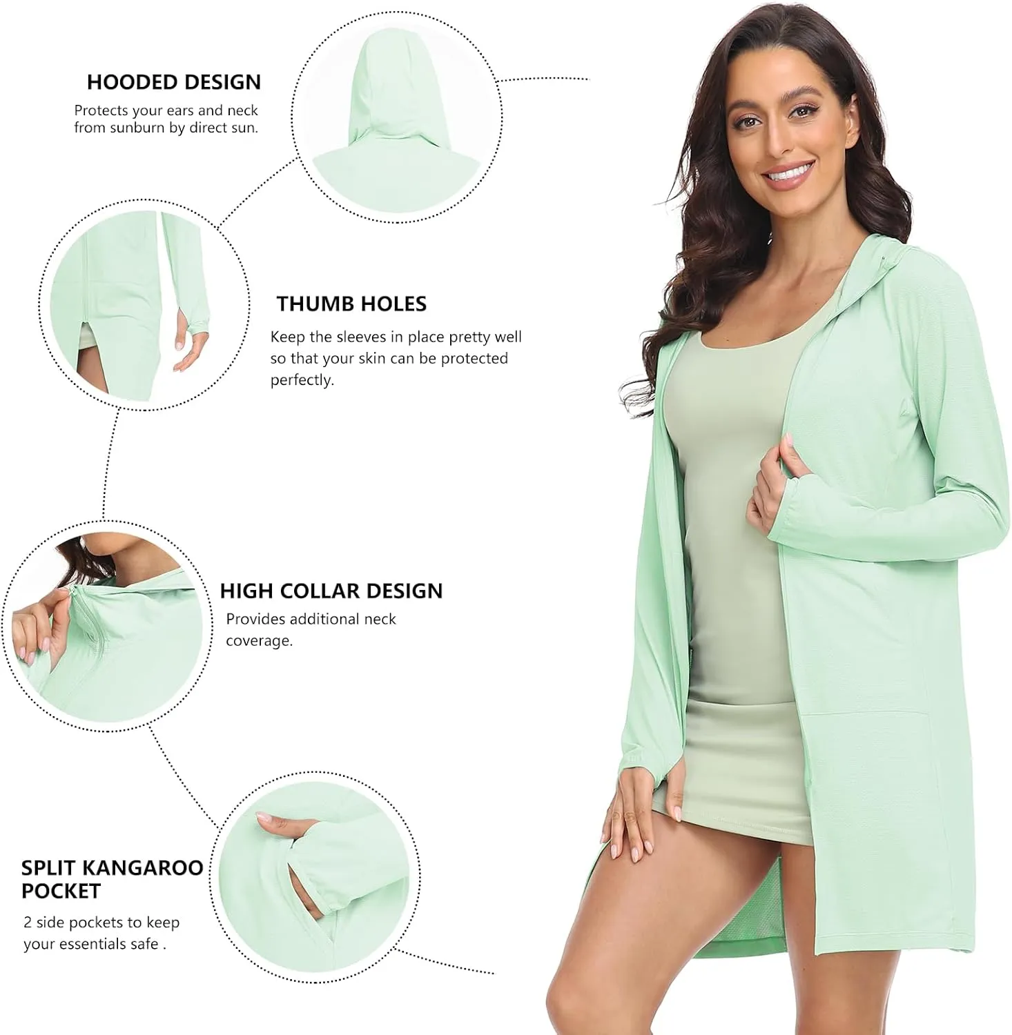 HISKYWIN Women's UPF 50  UV Sun Protection Hoodie Long Jacket Workout Long Sleeve Zip Shirt Lightweight Outdoor Hooded