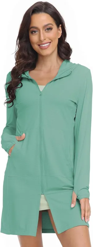 HISKYWIN Women's UPF 50  UV Sun Protection Hoodie Long Jacket Workout Long Sleeve Zip Shirt Lightweight Outdoor Hooded