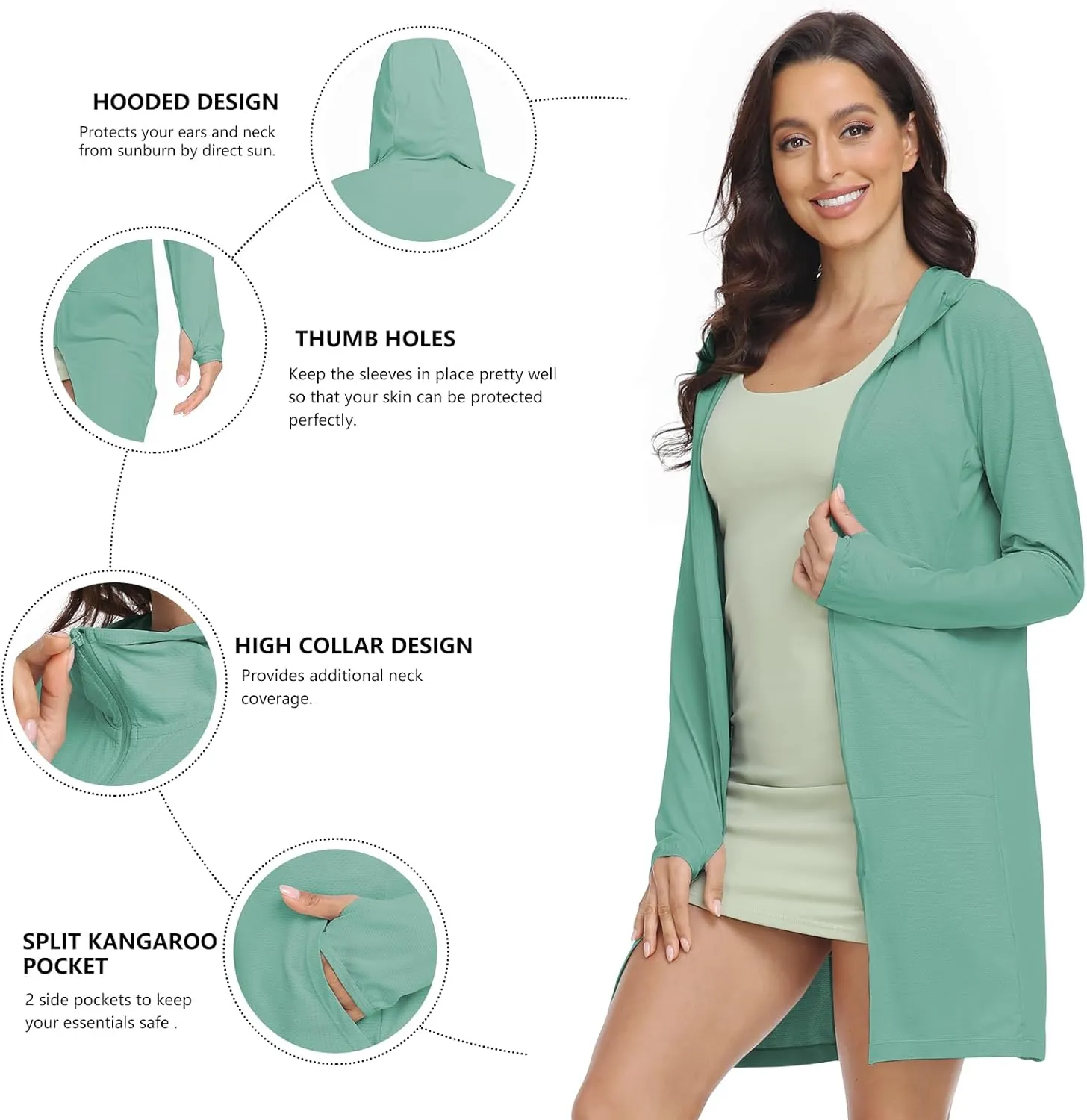 HISKYWIN Women's UPF 50  UV Sun Protection Hoodie Long Jacket Workout Long Sleeve Zip Shirt Lightweight Outdoor Hooded
