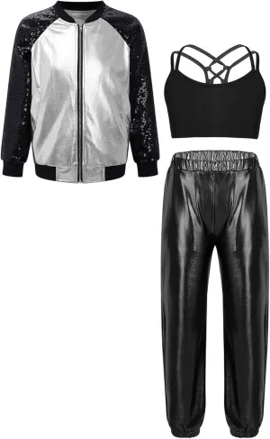 Hularka Kids Girls Jazz Hip-hop Street Dance Outfits Long Sleeve Jacket Bomber Coat Sports Bra Vest with Harem Pants Set