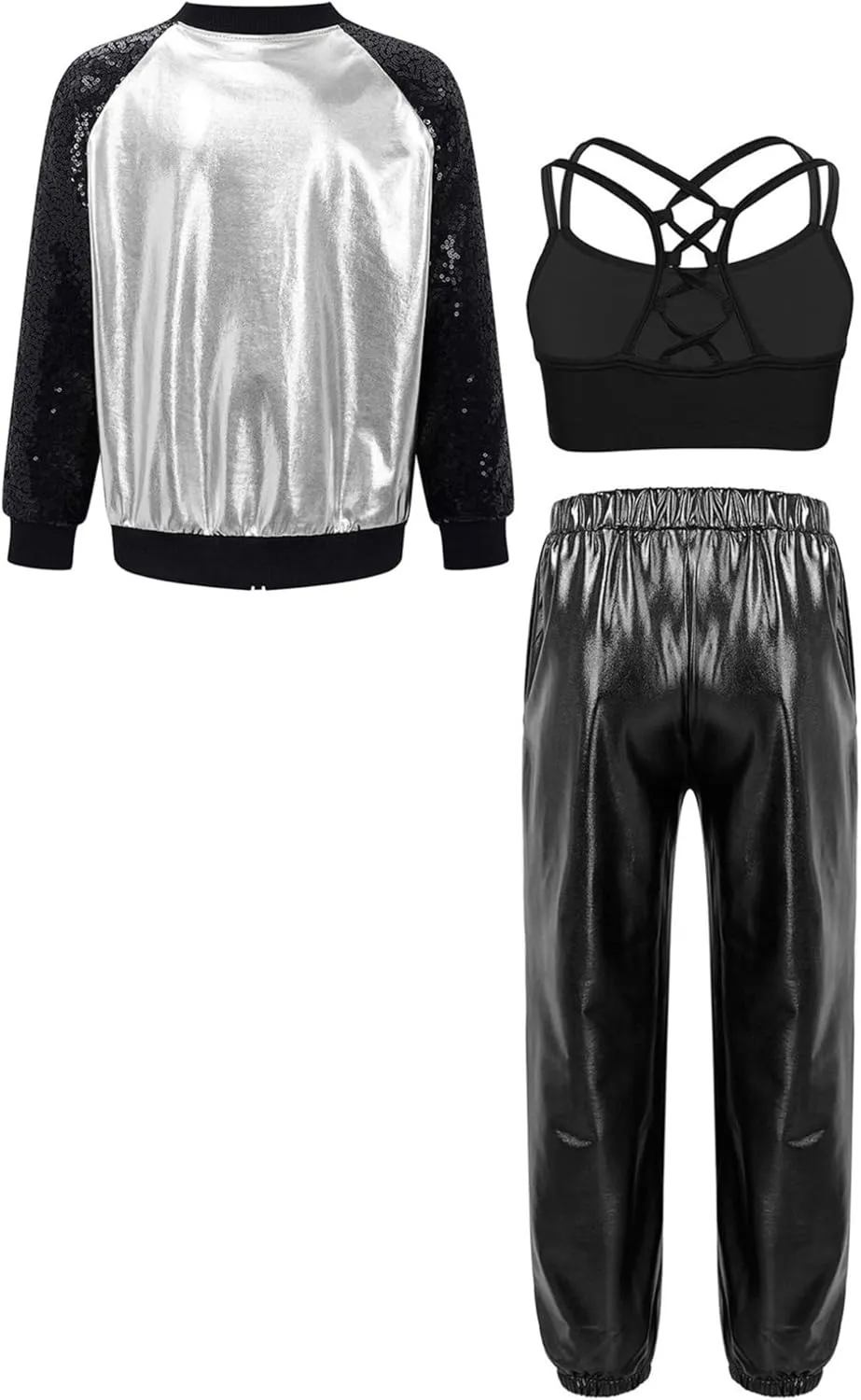 Hularka Kids Girls Jazz Hip-hop Street Dance Outfits Long Sleeve Jacket Bomber Coat Sports Bra Vest with Harem Pants Set