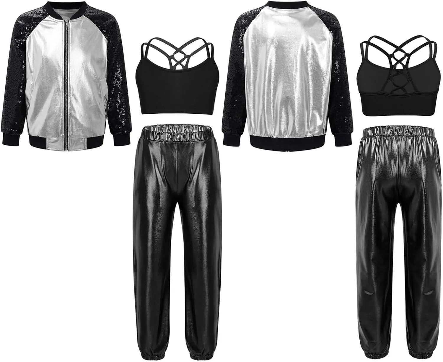 Hularka Kids Girls Jazz Hip-hop Street Dance Outfits Long Sleeve Jacket Bomber Coat Sports Bra Vest with Harem Pants Set