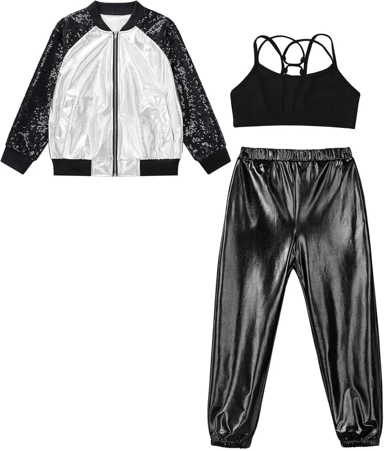 Hularka Kids Girls Jazz Hip-hop Street Dance Outfits Long Sleeve Jacket Bomber Coat Sports Bra Vest with Harem Pants Set