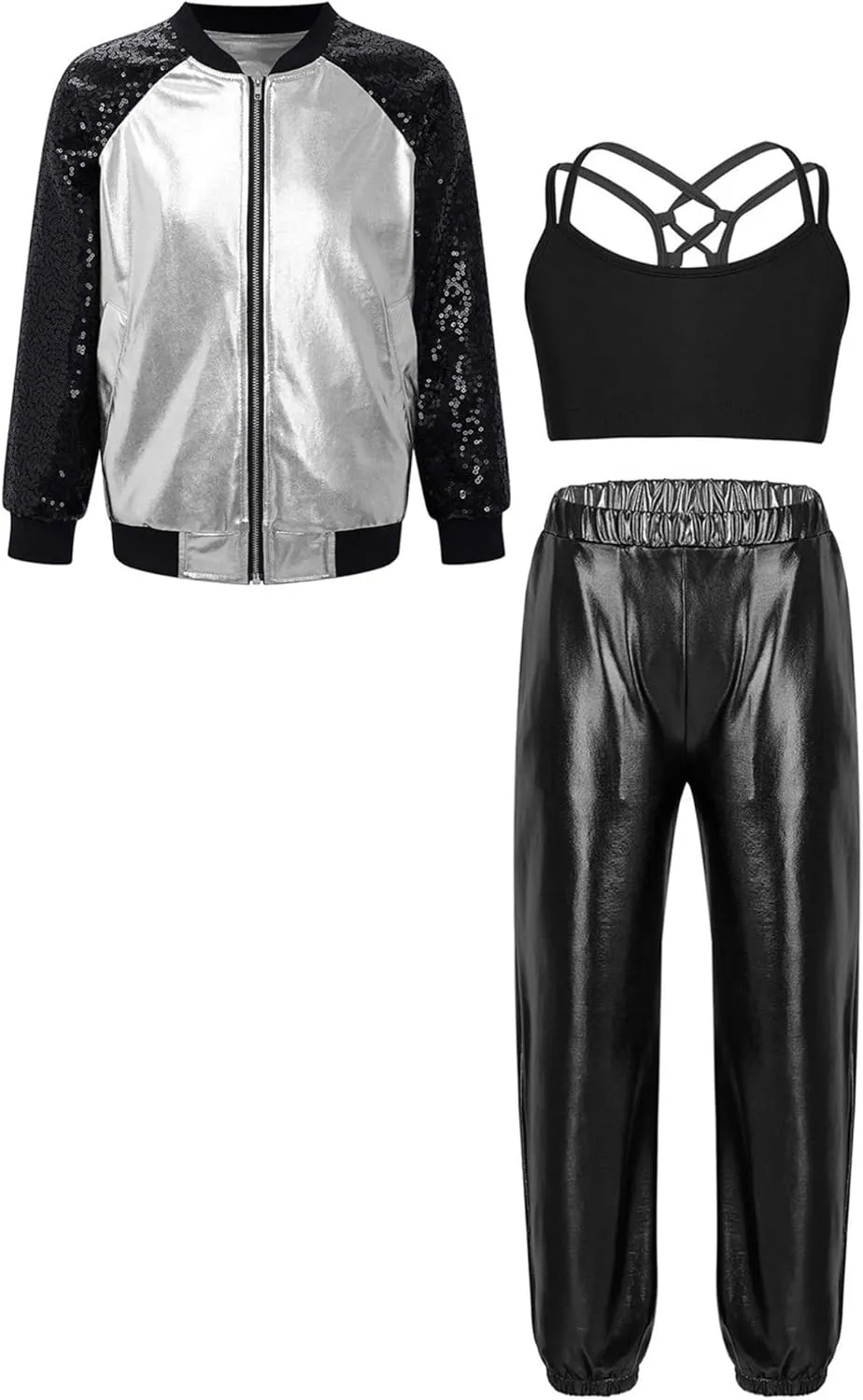 Hularka Kids Girls Jazz Hip-hop Street Dance Outfits Long Sleeve Jacket Bomber Coat Sports Bra Vest with Harem Pants Set