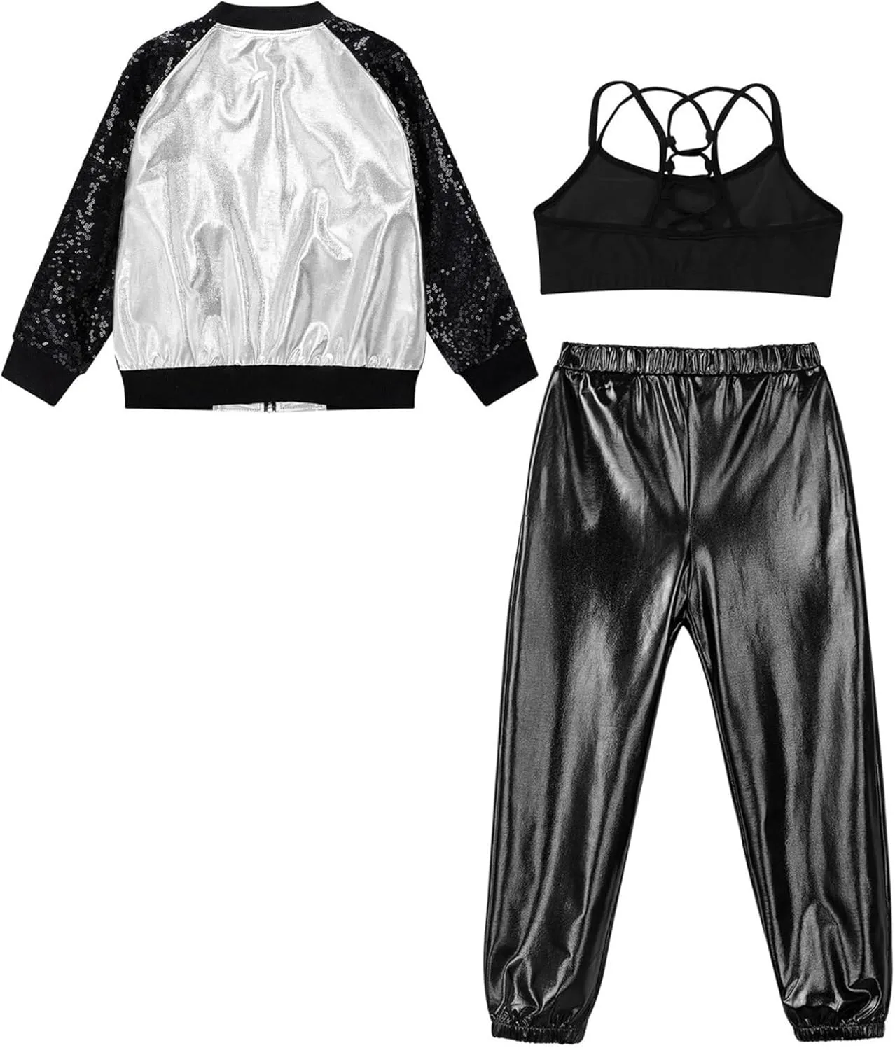 Hularka Kids Girls Jazz Hip-hop Street Dance Outfits Long Sleeve Jacket Bomber Coat Sports Bra Vest with Harem Pants Set