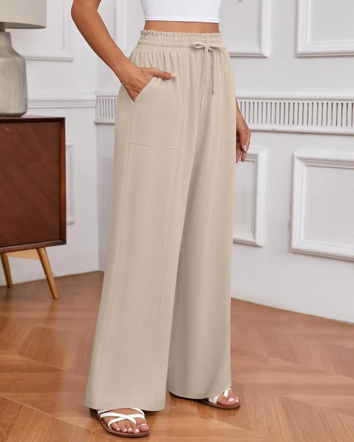 Huukeay Women's Linen Wide Leg Pants, High Waist Flowy Palazzo Pants with Pockets Drawstring Summer Casual Work Trousers