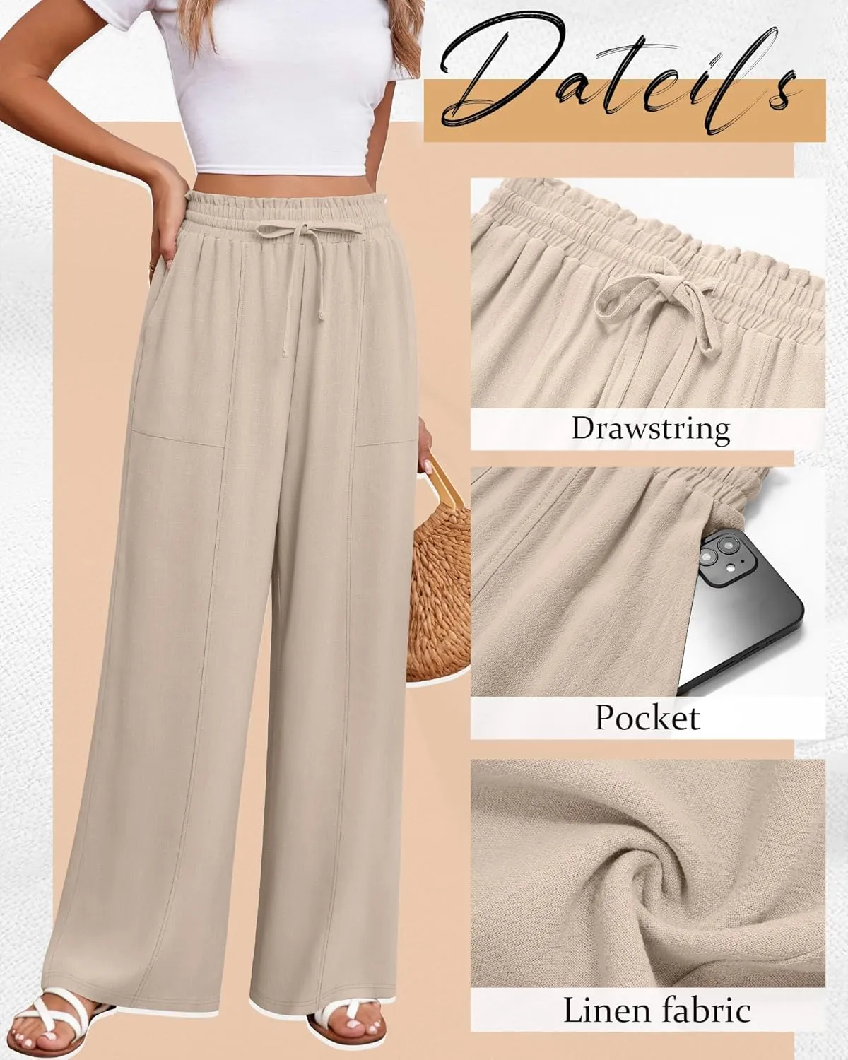 Huukeay Women's Linen Wide Leg Pants, High Waist Flowy Palazzo Pants with Pockets Drawstring Summer Casual Work Trousers