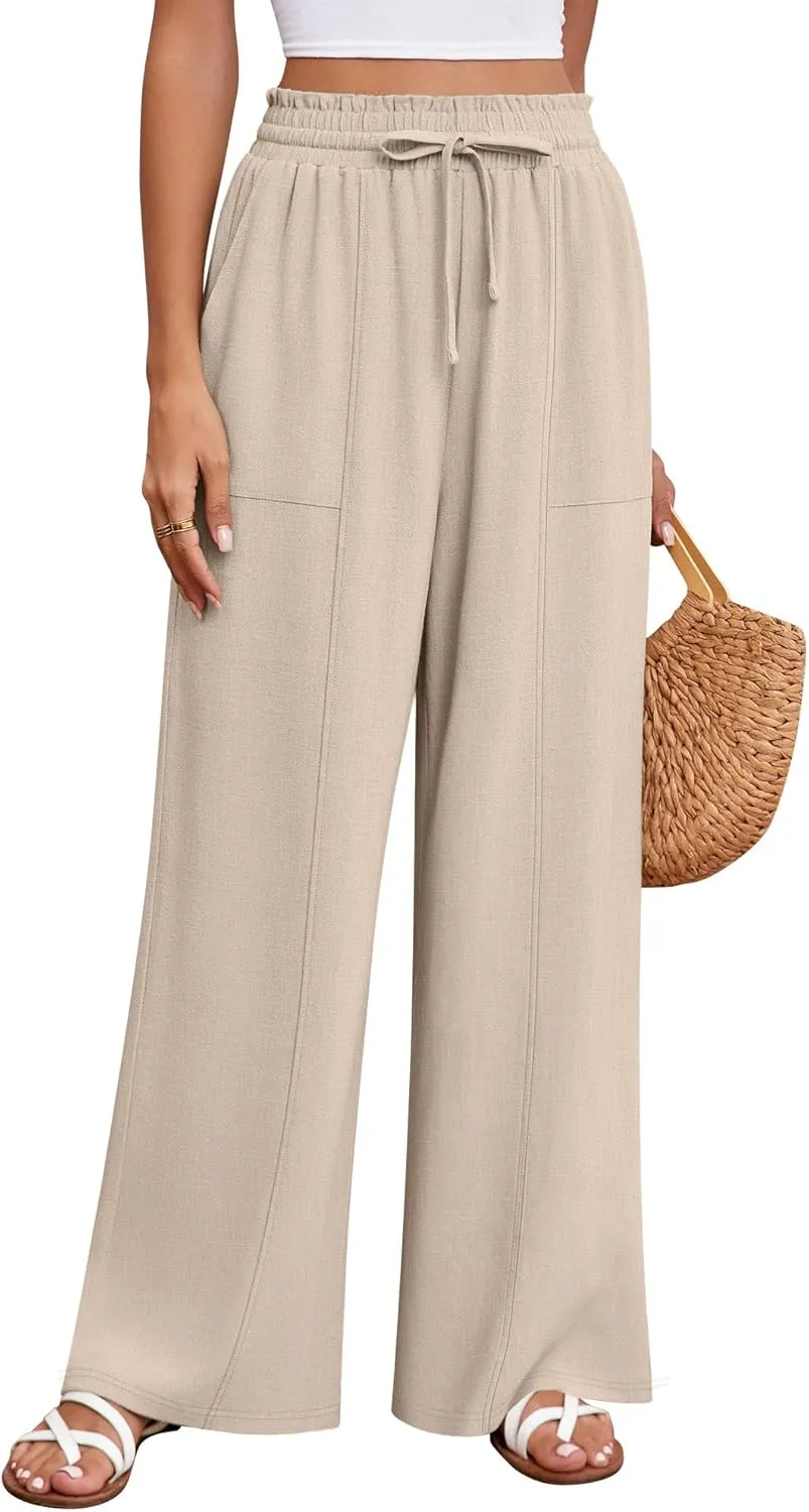 Huukeay Women's Linen Wide Leg Pants, High Waist Flowy Palazzo Pants with Pockets Drawstring Summer Casual Work Trousers