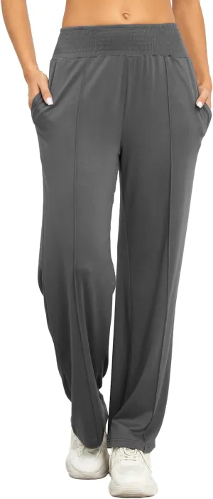 iChunhua Women's Smocked High Waist Wide Leg Pants Loose Casual Yoga Lounge Bottom Pajamas Trousers with Pockets