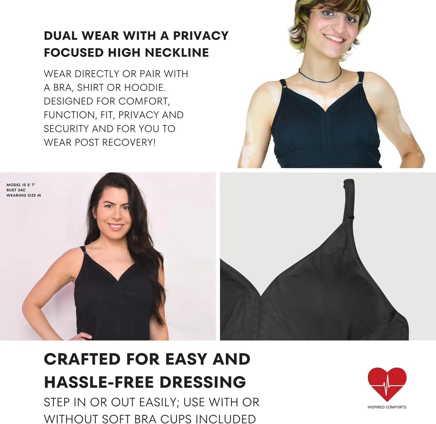 Inspired Comforts Women's Mastectomy Camisole Top with Drain Pockets & Removable Bra Cups