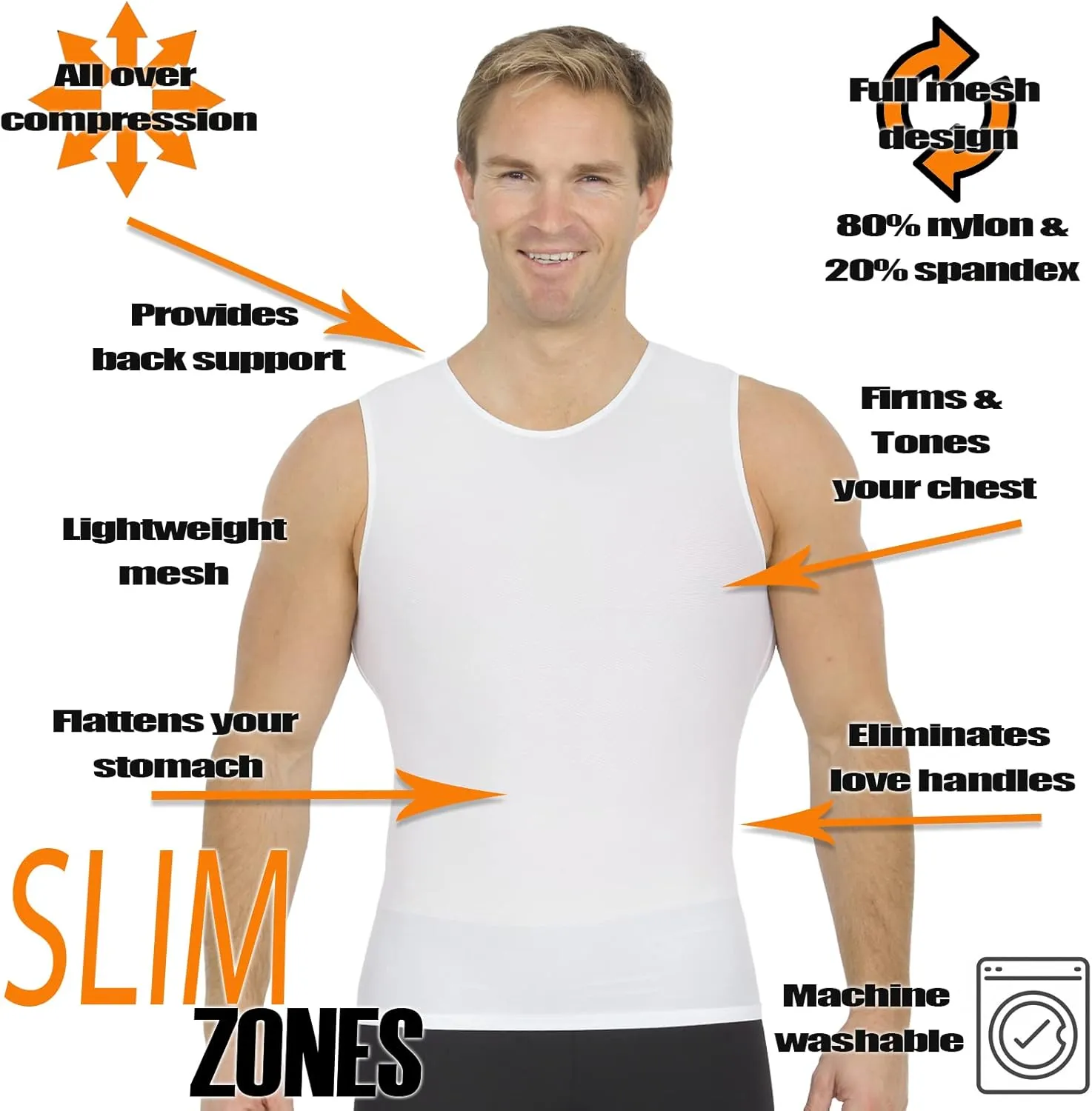 Insta Slim - Made in USA - Mens Compression Sleeveless Crew-Neck Slimming Shapewear Body Shaper with Tummy Control