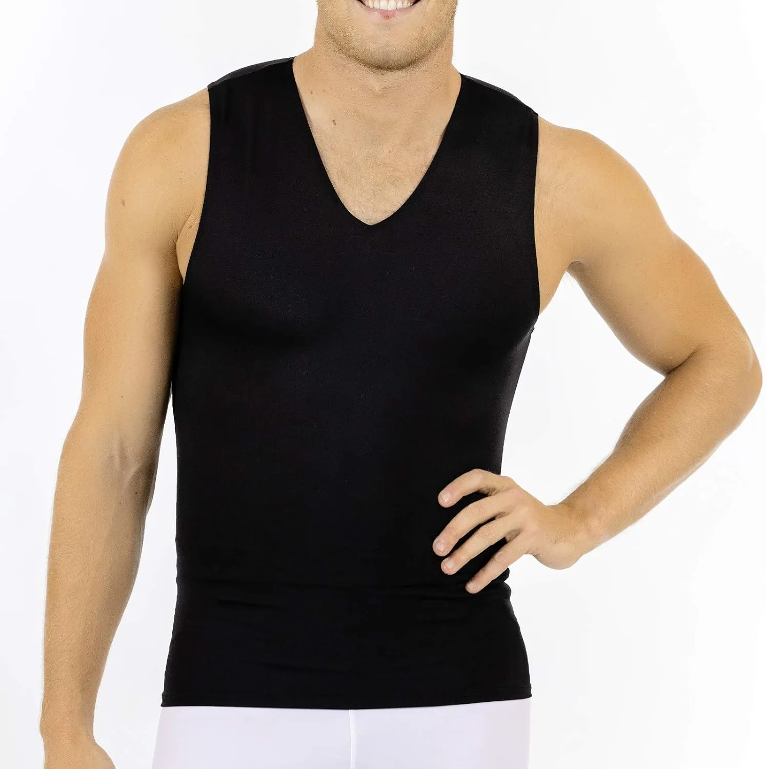 Insta Slim Mens Compression Sleeveless V Neck Muscle Shirt- Slimming Body Shaper Undershirt