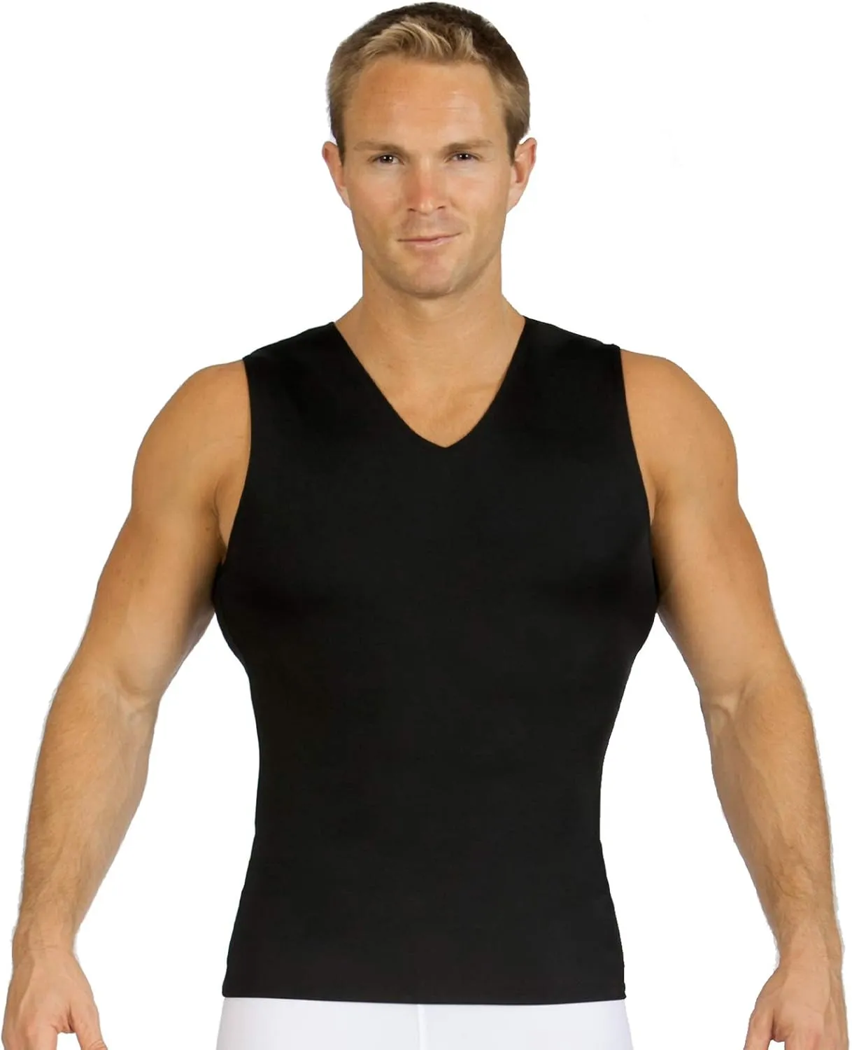Insta Slim Mens Compression Sleeveless V Neck Muscle Shirt- Slimming Body Shaper Undershirt