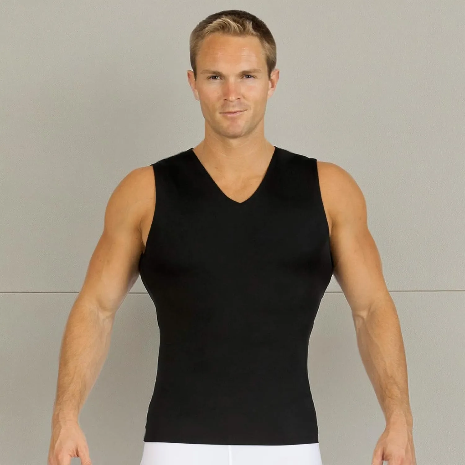 Insta Slim Mens Compression Sleeveless V Neck Muscle Shirt- Slimming Body Shaper Undershirt