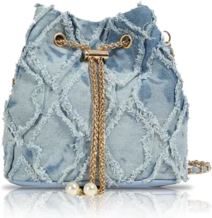 Jean Purses for Women, Distressed Jean Denim Bucket Bags Quilted Crossbody, Small Shoulder Bag Drawstring Handbag