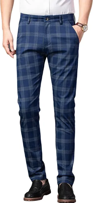 JEShifangjiusu Men's Dress Striped Plaid Pants Slim Fit Flat Front Business Trousers Cotton Stretch Suit Pants Trousers