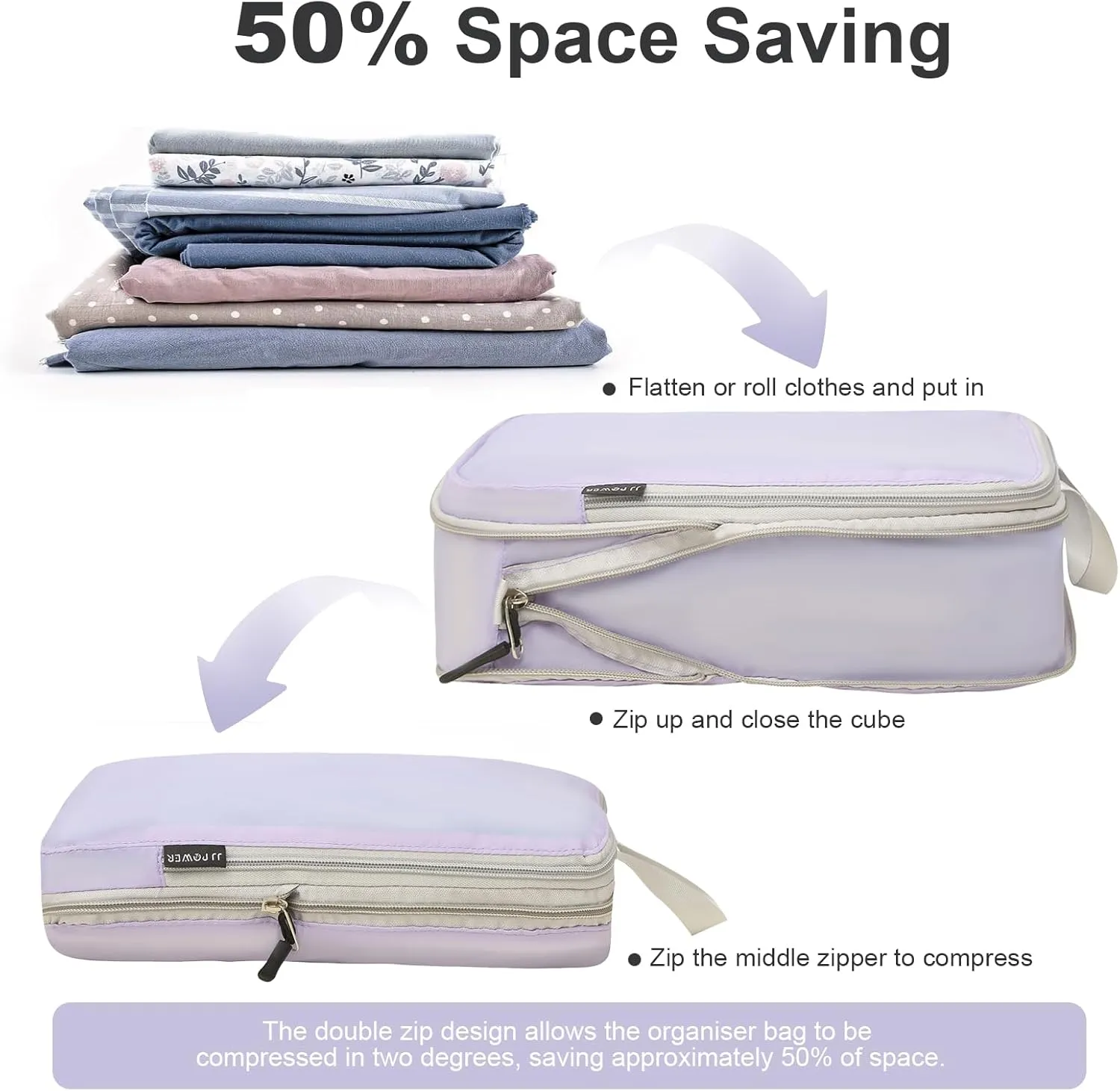 JJ Power 3 Set Lightweight Compression Packing Cubes for Suitcases, Travel Essentials Expandable Packing Cubes Organizer for Carry on Suitcases(Purple)