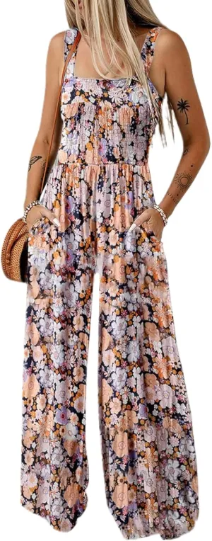 Jumpsuits for Women Summer Boho Casual Floral Print Sleeveless Jumpsuit High Waist Wide Leg Pants Romper with Pockets