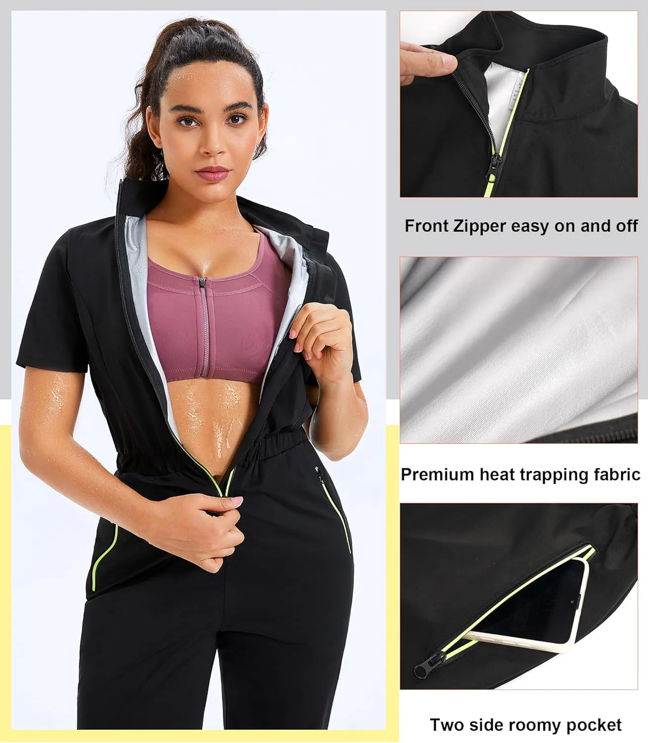 Junlan Sauna Suit for Women Sweat Jumpsuit Stand Collar Heat Trapping Shirt for Women Workout Sports