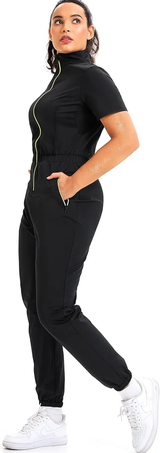 Junlan Sauna Suit for Women Sweat Jumpsuit Stand Collar Heat Trapping Shirt for Women Workout Sports