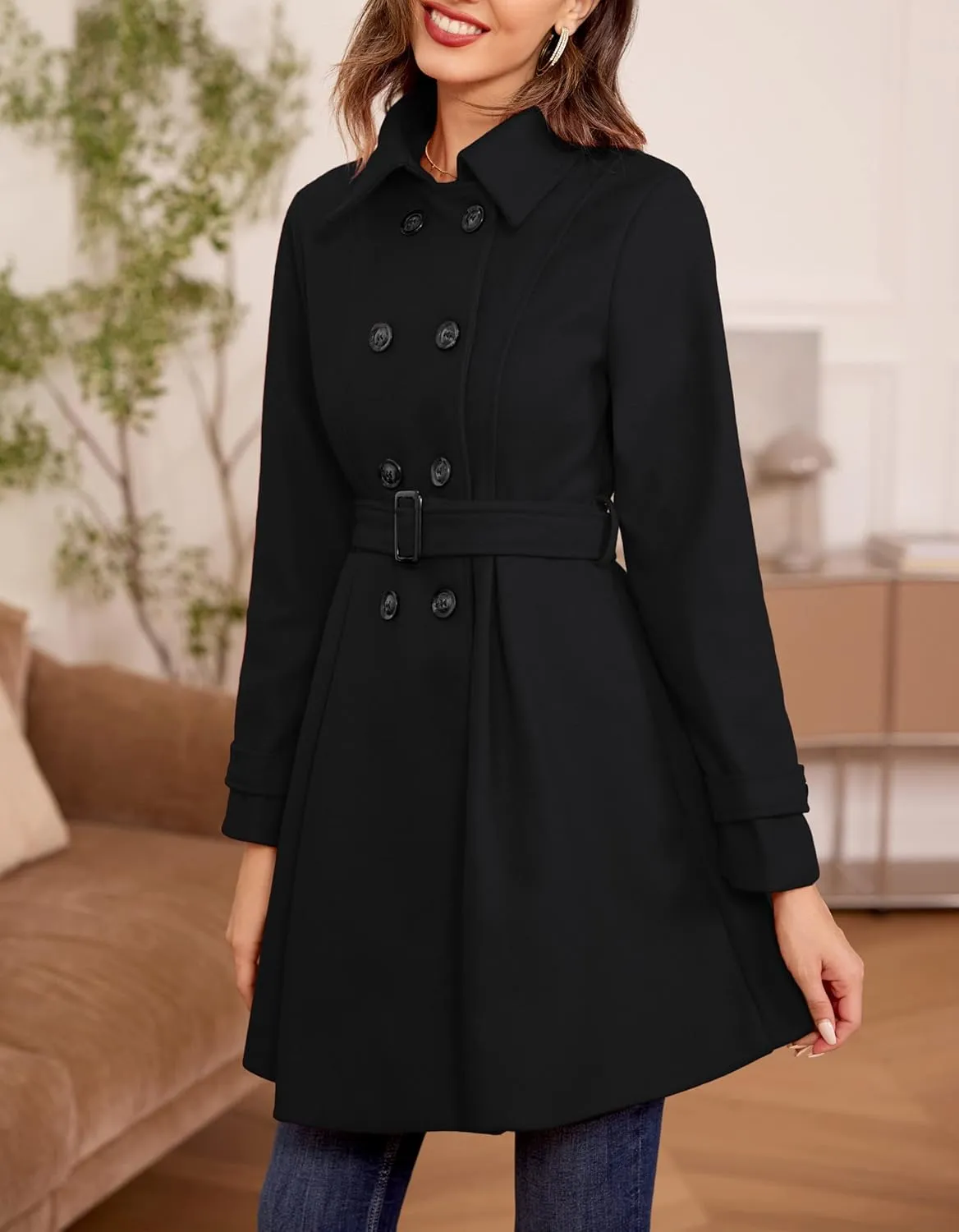 Kate Kasin Trench Coats for Women 2023 Classic Double Breasted Peacoat Button Closures Belted Winter Coat with Slit Pockets