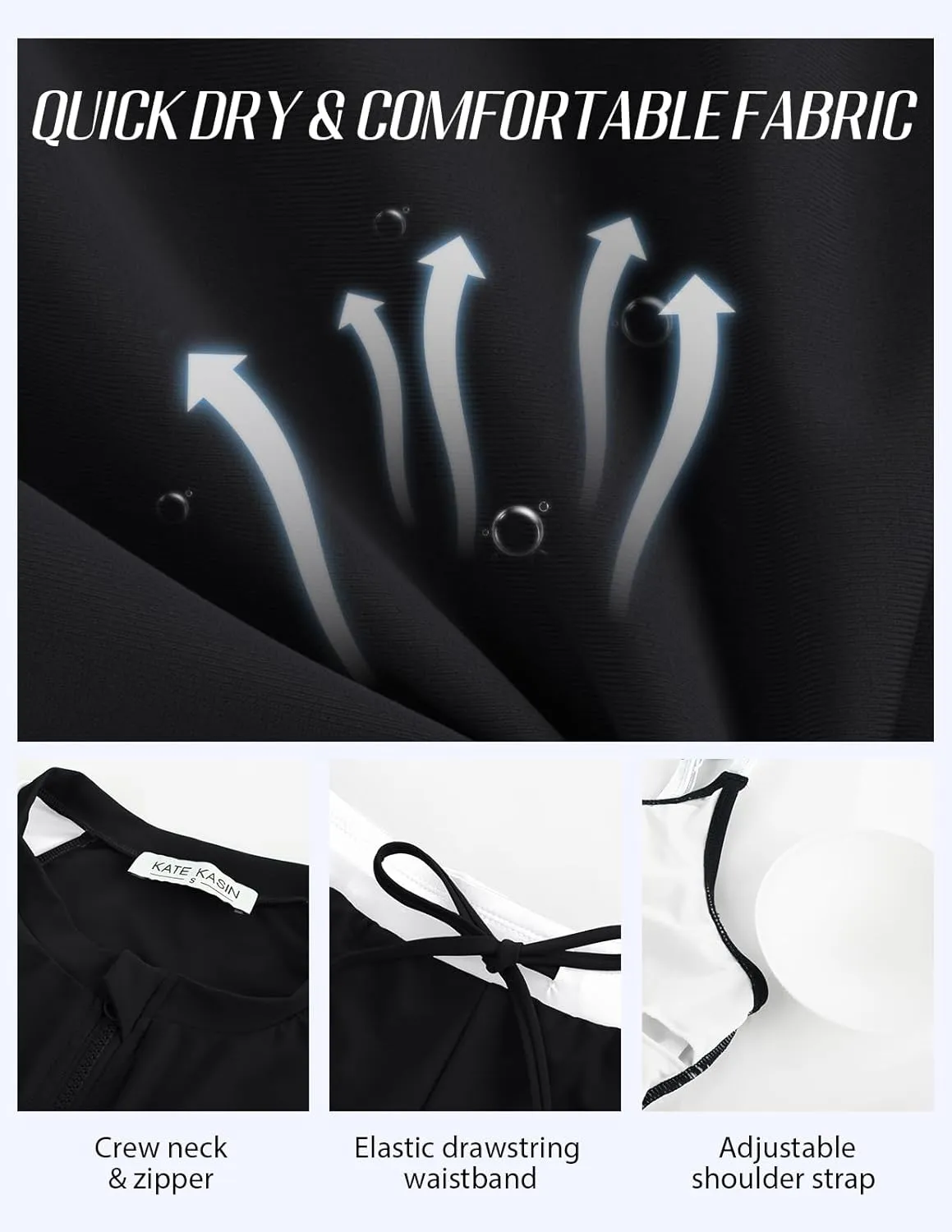 Kate Kasin Women's 3 Piece Rash Guard Long Sleeve Swim Shirts UPF 50  Swimsuit Zipper Color Block Bathing Suits with Boyshort