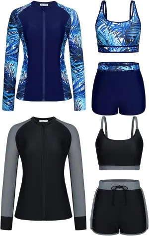 Kate Kasin Women's 3 Piece Rash Guard Long Sleeve Swimsuits Zip Up UPF 50  Built in Bra Swim Shirts with Boyshorts Quick Dry Size L