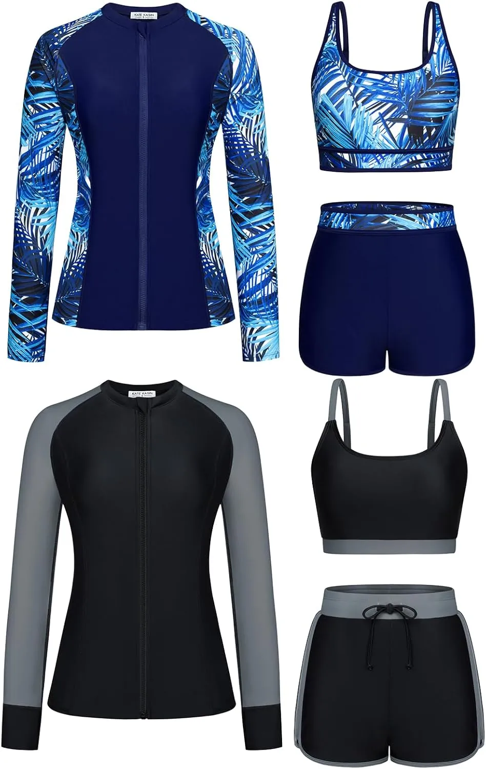 Kate Kasin Women's 3 Piece Rash Guard Long Sleeve Swimsuits Zip Up UPF 50  Built in Bra Swim Shirts with Boyshorts Quick Dry Size L